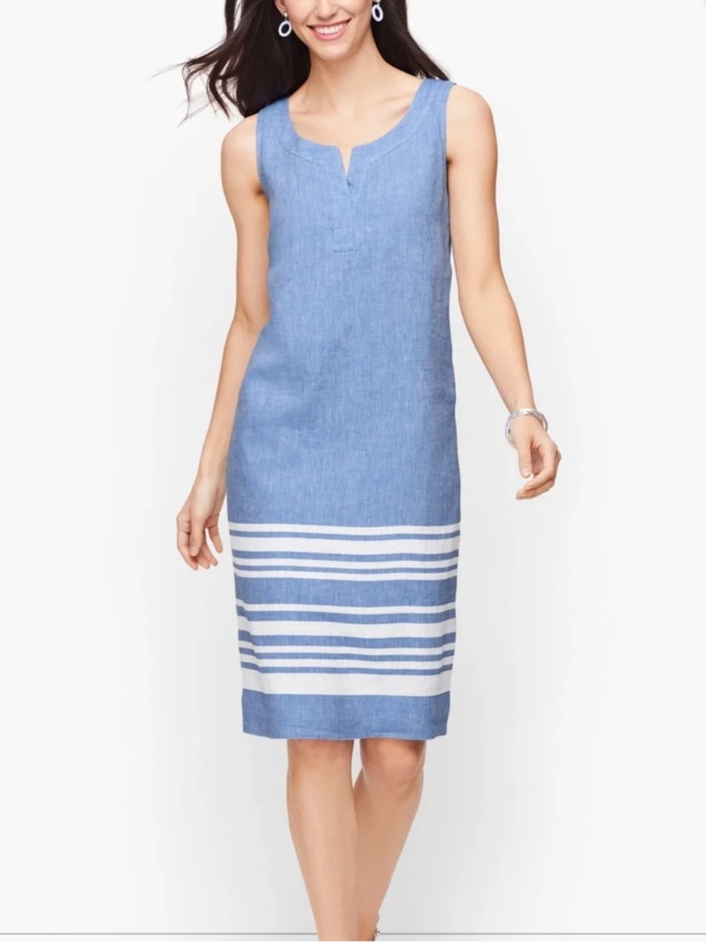 Talbots 100% Linen Blue Nautical Shift Dress Woman Size 8P Casual Resortwear